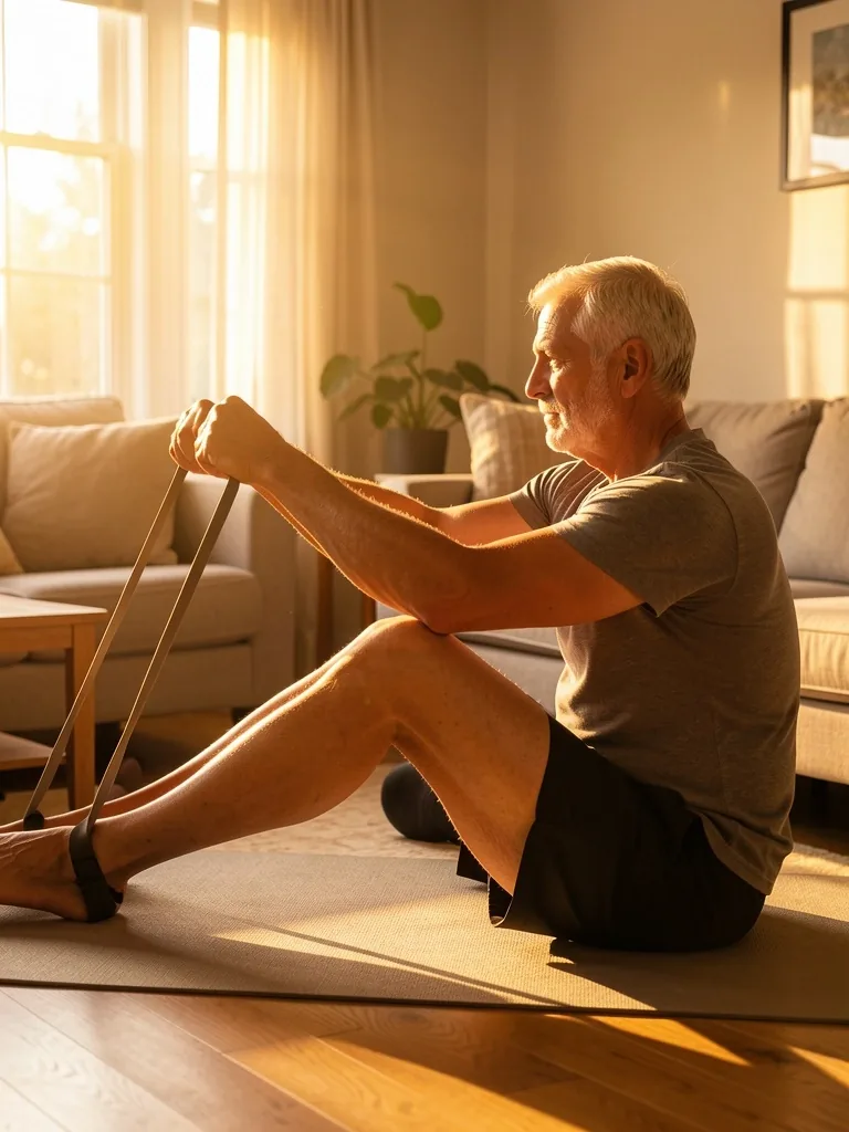Senior person doing mobility stretches with a resistance band