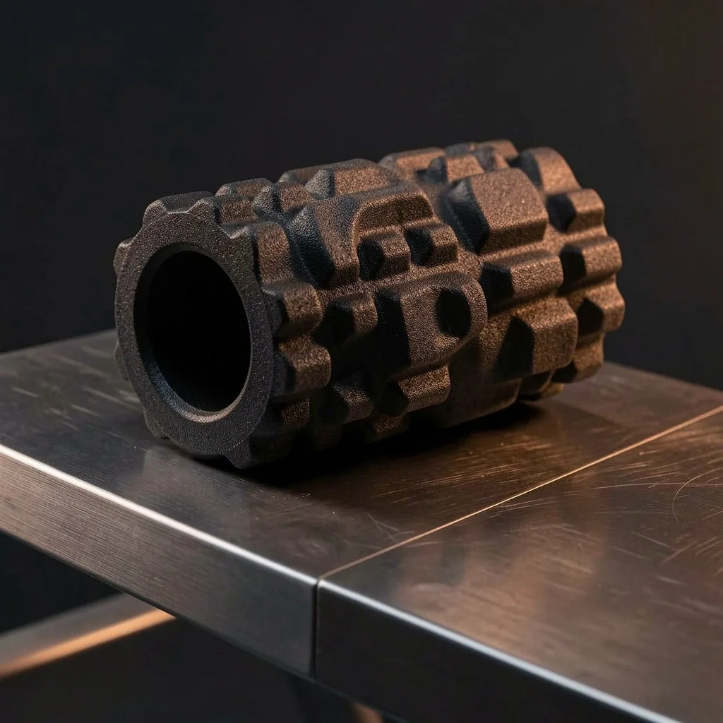 Foam roller product macro on a workbench
