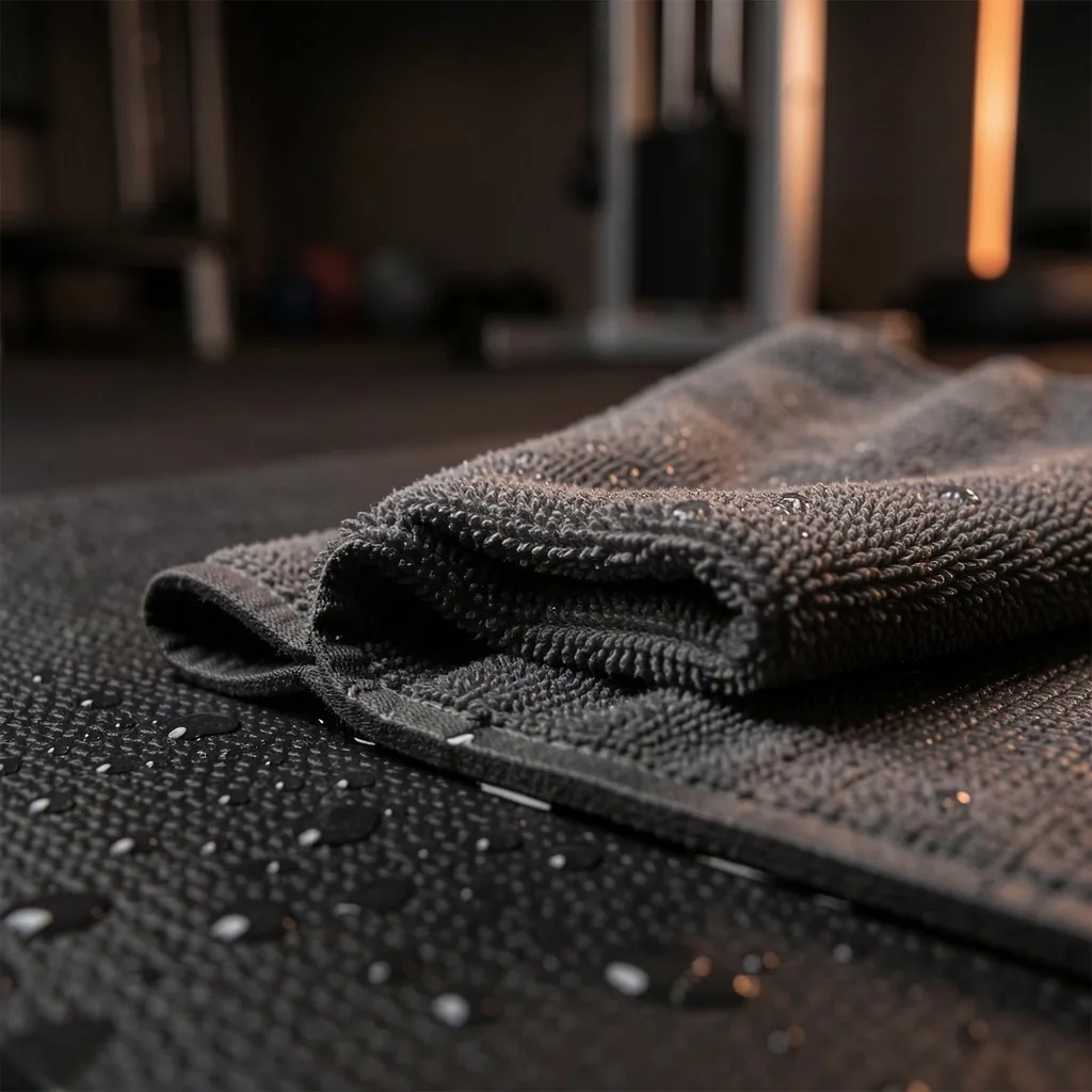 Rolled yoga mat on a dark floor