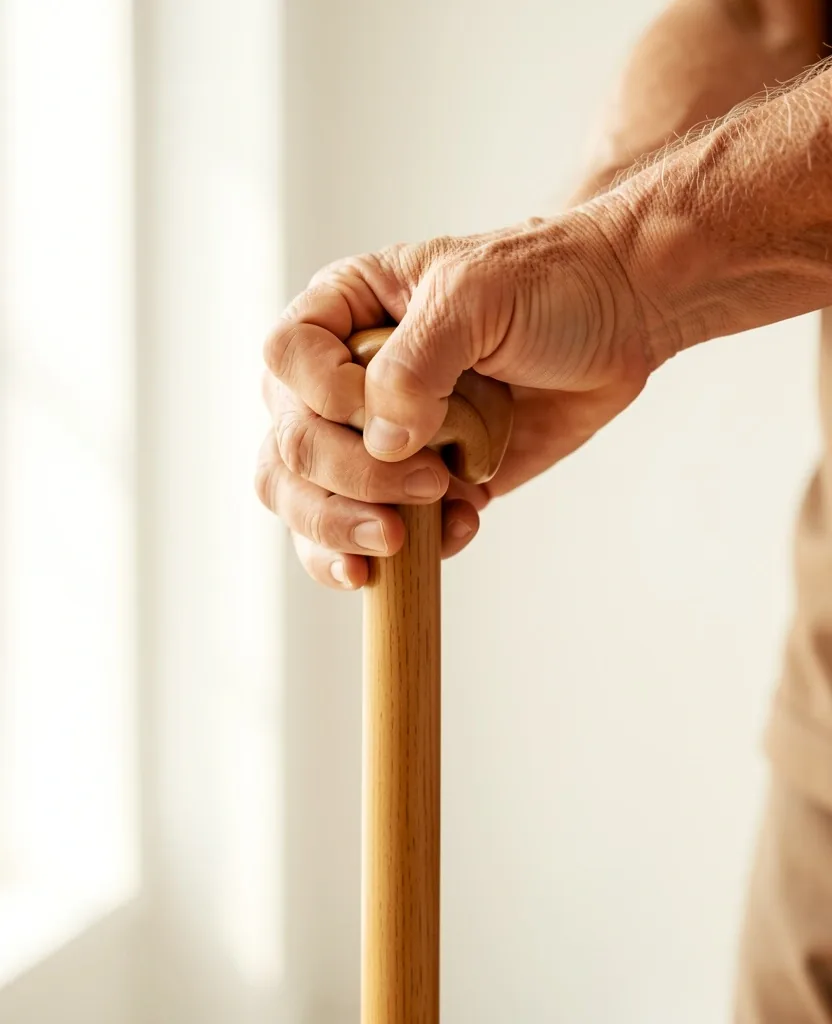 Hands holding a mobility stick for joint movement